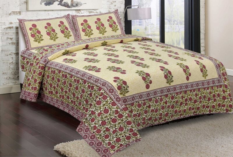 Yellow Base Colourful Floral Print Border Cotton Double Bedsheet