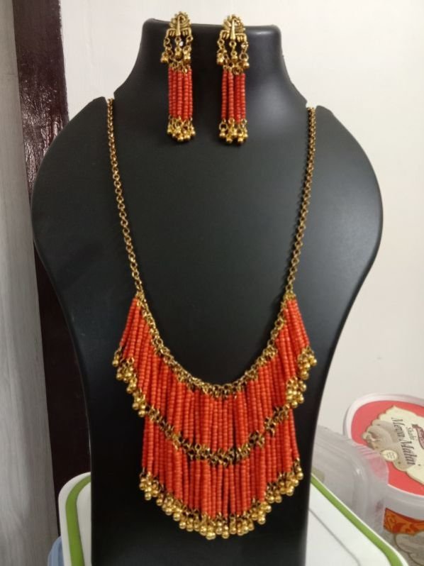 orange seed beads multilayered necklace
