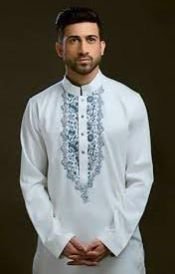 Mens White Embroidered Kurta