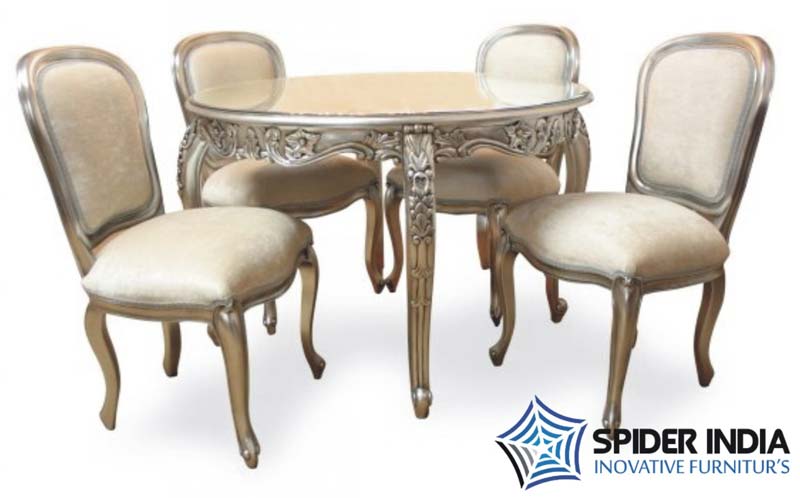 Carved Round Silver Inlay Dining Table Set