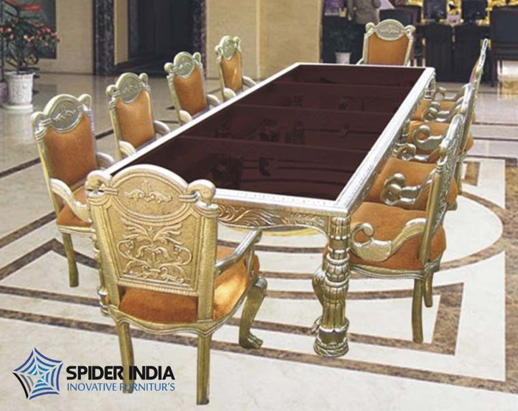 White Metal Silver Inlay Dining Table Set