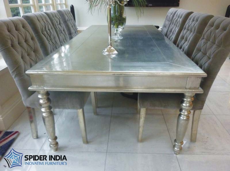 White Metal Silver Inlay Dining Table Set