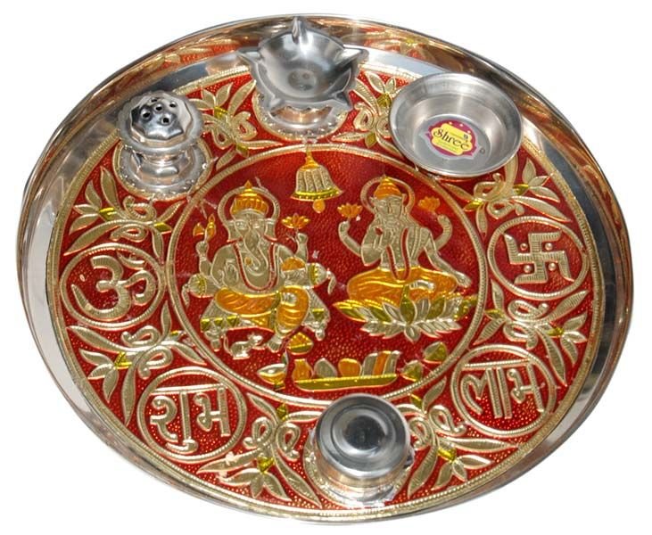 Stainless Steel Pooja Plate (Minakari)