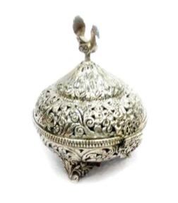 Oxidized Peacock Dibbi With Carving Work