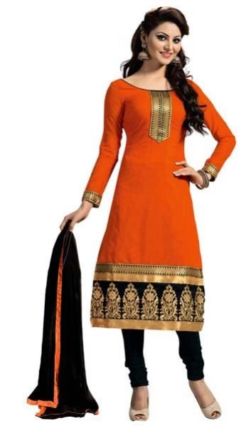 Orange Embroidered Chanderi Churidar Suit 01