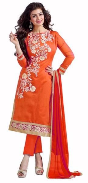 Orange Embroidered Chanderi Churidar Suit 02