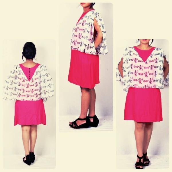 One Piece Dress in Combination of Printed Georgette and Cotton Rayon Fabric