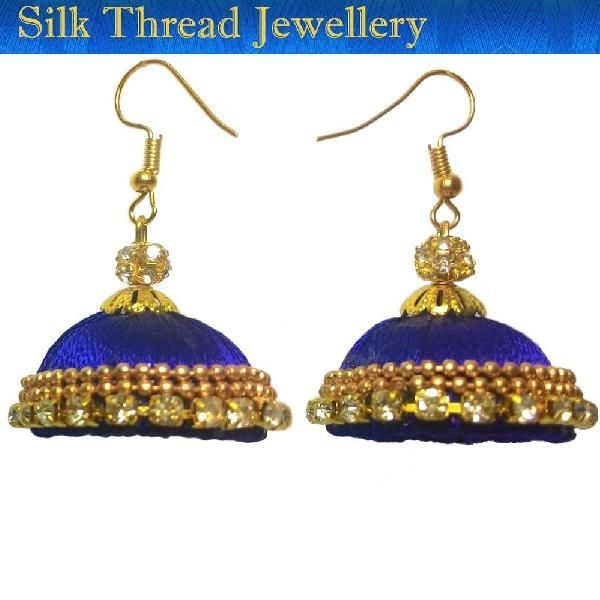 Silk Thread Jumkas - Dark Blue (Medium)