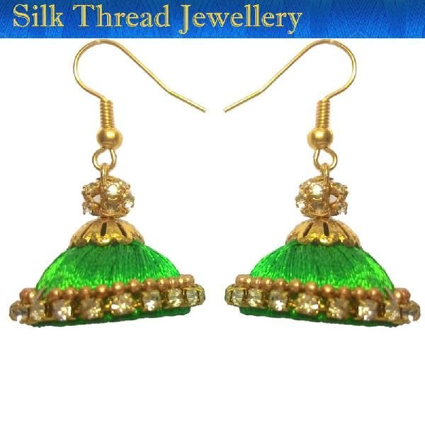 Silk Thread Jumkas - Green (Small)