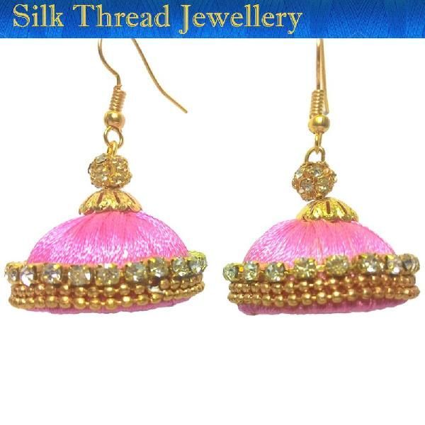 Silk Thread Jumkas - Pink (Medium)