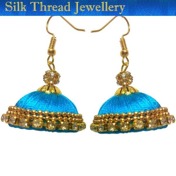 Silk Thread Jumkas - Sky Blue (Medium)