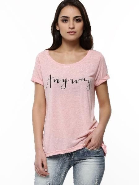 Women Round Neck Pink T-shirt
