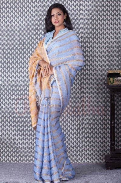 Striped Linen Saree With Zari 04