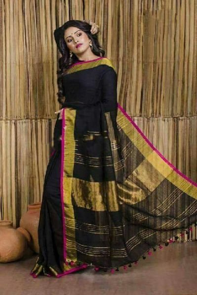 Striped Linen Saree With Zari 05