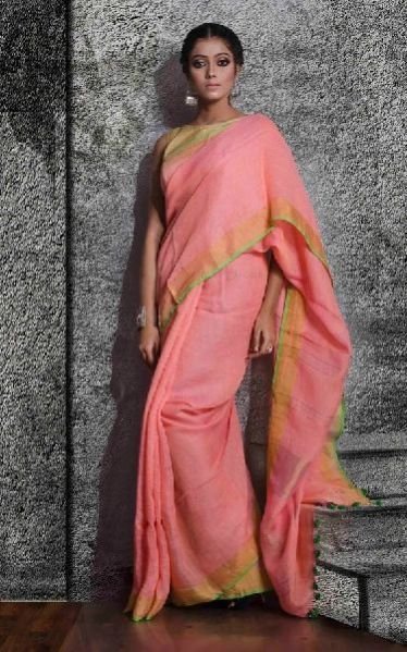 Striped Linen Saree With Zari 07
