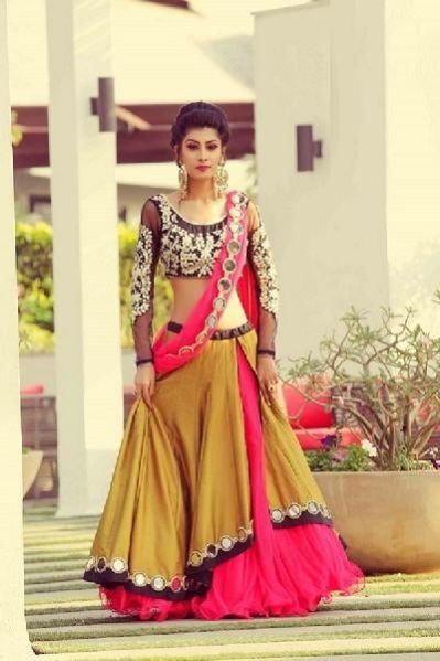 Taffeta Silk Plain Pink & Brown Lehenga Choli 01