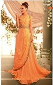 1057 Light Orange Sequence Work Embroidered Net Georgette Party Wear Gown