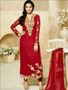 Red Embroidered Georgette Party Wear Suit