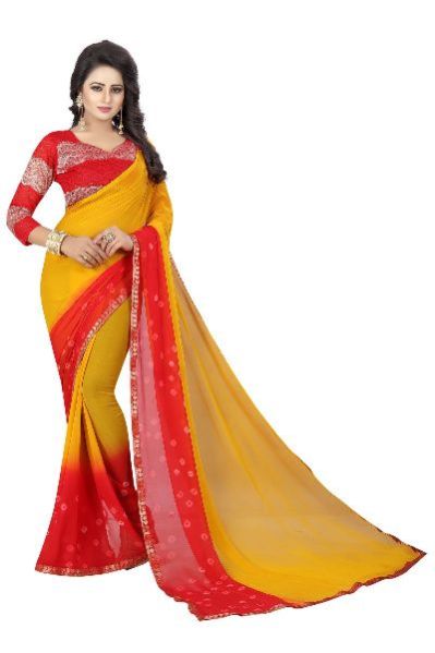 Red Yellow Bandhani Chiffon Sarees 01