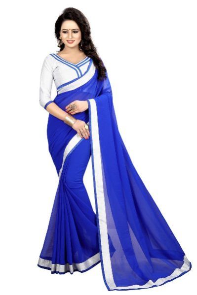 Silver Blue Chiffon Lace Saree 01