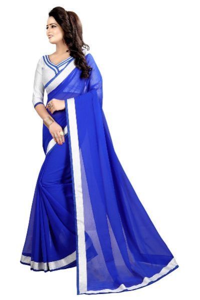 Silver Blue Chiffon Lace Saree 03