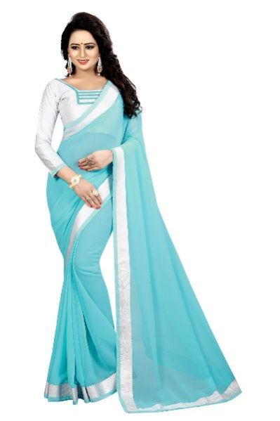 Silver Firozi Chiffon Lace Saree 01