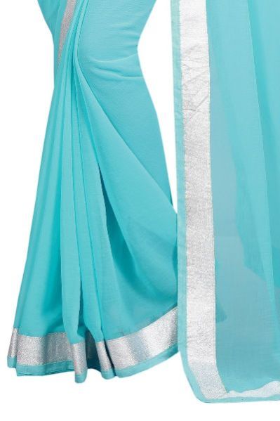Silver Firozi Chiffon Lace Saree 02