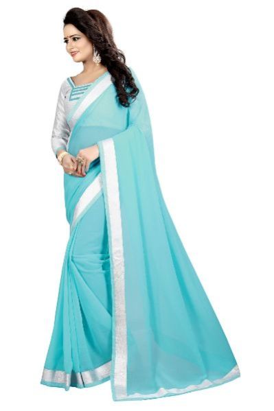 Silver Firozi Chiffon Lace Saree 03