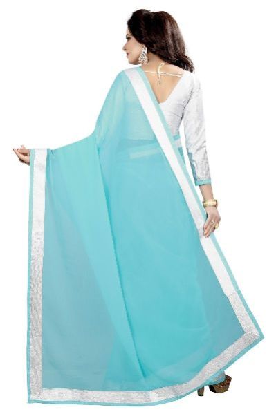 Silver Firozi Chiffon Lace Saree 04