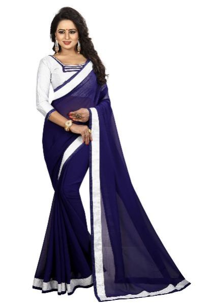 Silver Navy Chiffon Lace Saree 01