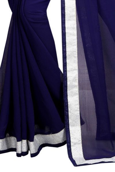 Silver Navy Chiffon Lace Saree 02
