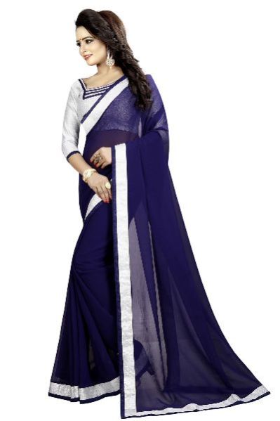 Silver Navy Chiffon Lace Saree 03