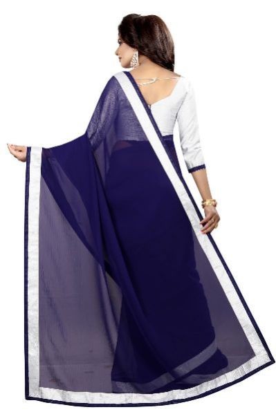 Silver Navy Chiffon Lace Saree 04