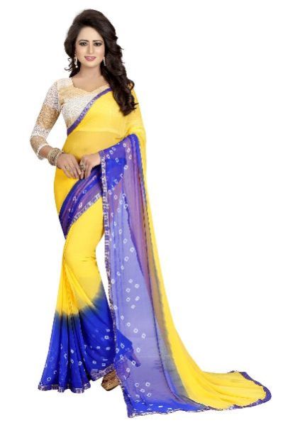 Yellow Blue Bandhani Chiffon Saree 01