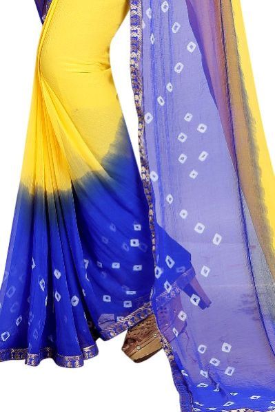 Yellow Blue Bandhani Chiffon Saree 02