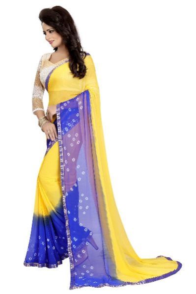 Yellow Blue Bandhani Chiffon Saree 03