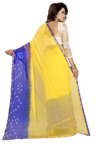 Yellow Blue Bandhani Chiffon Saree 04