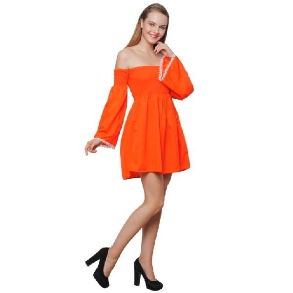 Ladies One Piece Dress - 8291 Orange Off Shoulder Dress