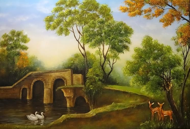 Swan In The Lake Landscape Painting