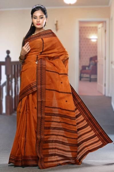 Black Bordered Orange Cotton Saree
