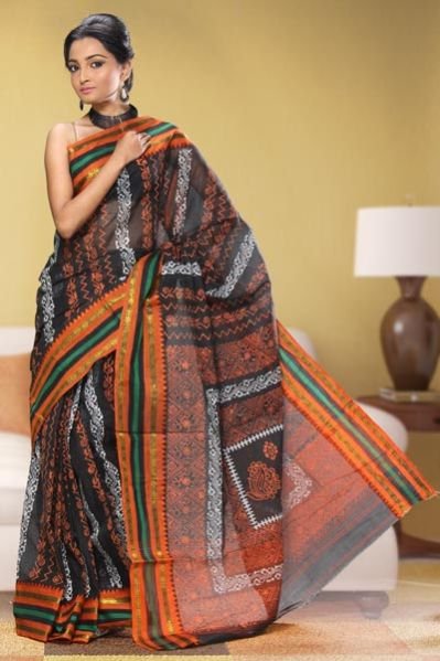 Printed Black Cotton Saree