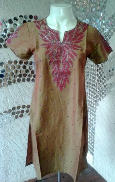 Cut Patch Khakhi Cotton Embroidered Kurti