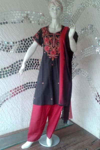 Flower Dori Black Red Stitched Salwar Suit