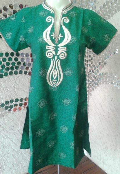 Lace Neck Green Cotton Embroidered Kurti