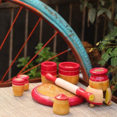Kalaaplanet Eco-friendly Red Wooden Toy Kitchen Set