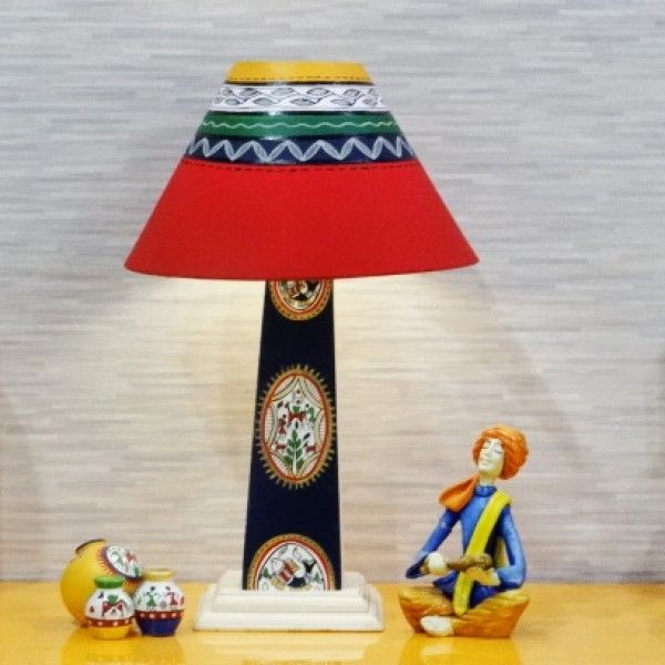 Kalaaplanet Warli Handpainted Wooden Lamp - Blue