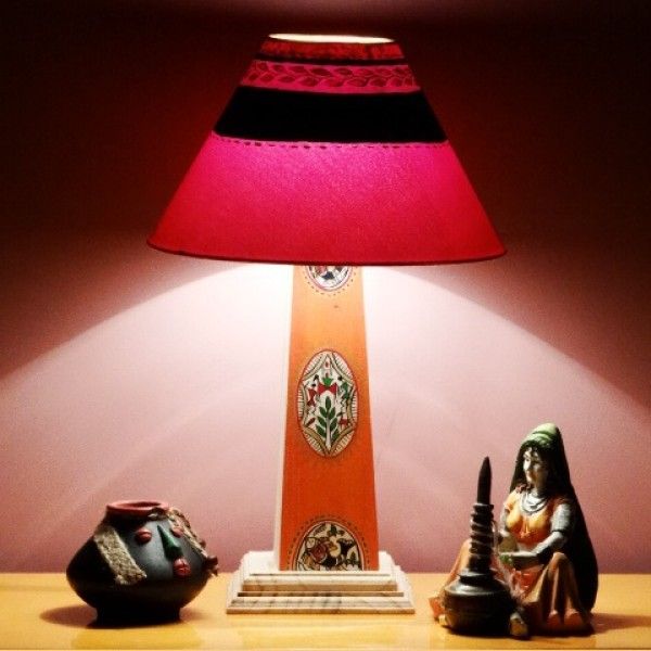 Kalaaplanet Warli Handpainted Wooden Lamp - Orange