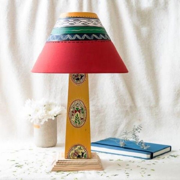 Kalaaplanet Warli Handpainted Wooden Lamp - Yellow