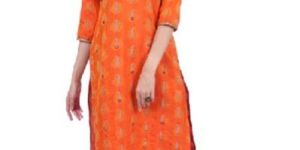 Shwetambara Jaquard Silk Mirror Work Orange Kurti