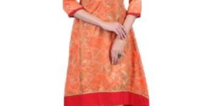 Shwetambara Milky Silk Gold Printed a Line Orange Kurti